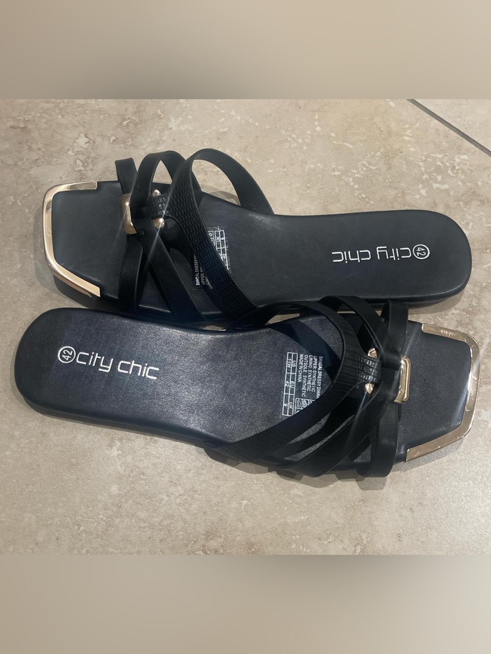 City Chic Black Slide Sandals with Gold Trim